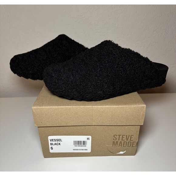 STEVE MADDEN Black Vessel Faux‎ Fur Slide Closed Toe Slippers SIZE 6 *NIB* - Picture 1 of 8